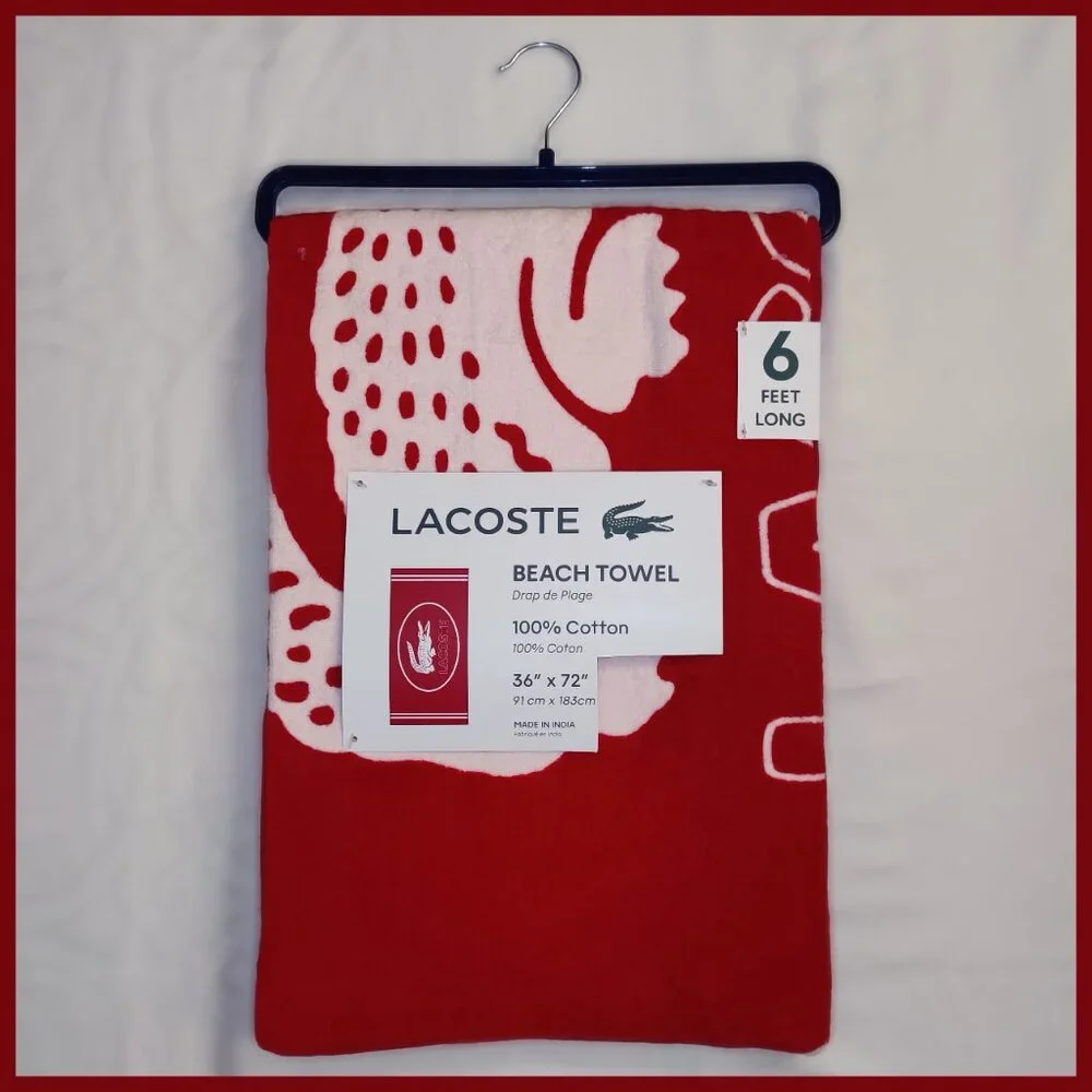 Lacoste Beach Towel - Red & White with Crocodile Logo - 100% Cotton - 36